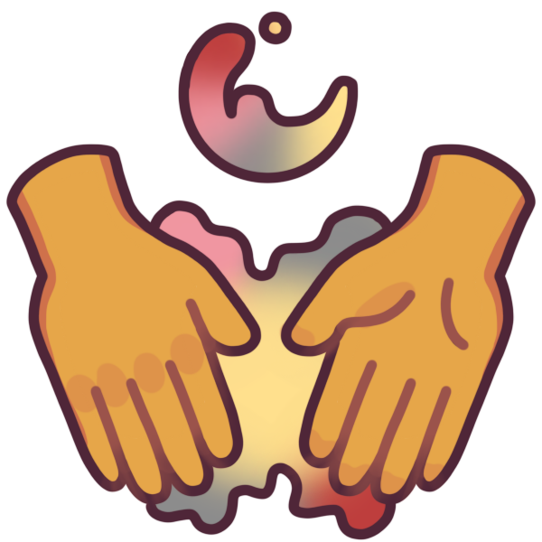 two clasped hands with a yellow, grey, pink, and red blob connecting them, and a fluid shape above the hands.